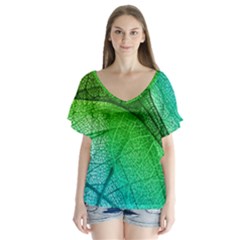 3d Leaves Texture Sheet Blue Green V-neck Flutter Sleeve Top by Cemarart