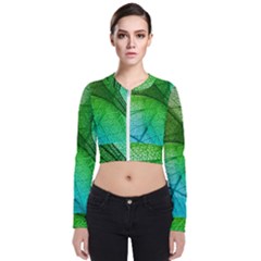 3d Leaves Texture Sheet Blue Green Long Sleeve Zip Up Bomber Jacket by Cemarart