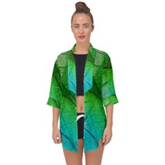 3d Leaves Texture Sheet Blue Green Open Front Chiffon Kimono by Cemarart