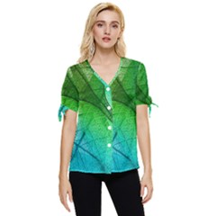 3d Leaves Texture Sheet Blue Green Bow Sleeve Button Up Top by Cemarart