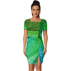 3d Leaves Texture Sheet Blue Green Fitted Knot Split End Bodycon Dress by Cemarart