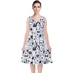 Seamless Pattern With Black White Doodle Dogs V-neck Midi Sleeveless Dress  by Grandong