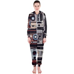 Retro Cameras Old Vintage Antique Technology Wallpaper Retrospective Hooded Jumpsuit (ladies) by Grandong