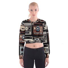 Retro Cameras Old Vintage Antique Technology Wallpaper Retrospective Cropped Sweatshirt by Grandong