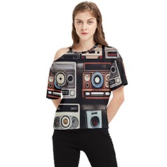 Retro Cameras Old Vintage Antique Technology Wallpaper Retrospective One Shoulder Cut Out T-shirt by Grandong