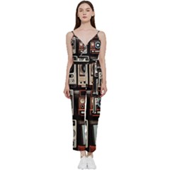 Retro Cameras Old Vintage Antique Technology Wallpaper Retrospective V-neck Camisole Jumpsuit by Grandong