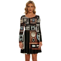 Retro Cameras Old Vintage Antique Technology Wallpaper Retrospective Long Sleeve Wide Neck Velvet Dress by Grandong