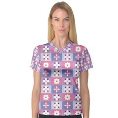 Flower Art Pattern Geometric V-neck Sport Mesh T-shirt