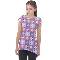 Flower Art Pattern Geometric Cap Sleeve High Low Top