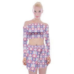 Flower Art Pattern Geometric Off Shoulder Top With Mini Skirt Set