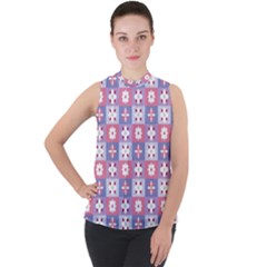 Flower Art Pattern Geometric Mock Neck Chiffon Sleeveless Top