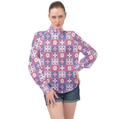 Flower Art Pattern Geometric High Neck Long Sleeve Chiffon Top