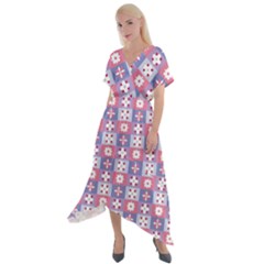 Flower Art Pattern Geometric Cross Front Sharkbite Hem Maxi Dress