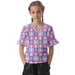 Flower Art Pattern Geometric Kids  V-neck Horn Sleeve Blouse