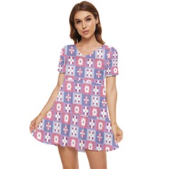 Flower Art Pattern Geometric Tiered Short Sleeve Babydoll Dress