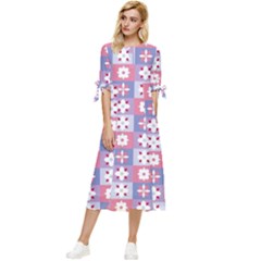 Flower Art Pattern Geometric Bow Sleeve Chiffon Midi Dress