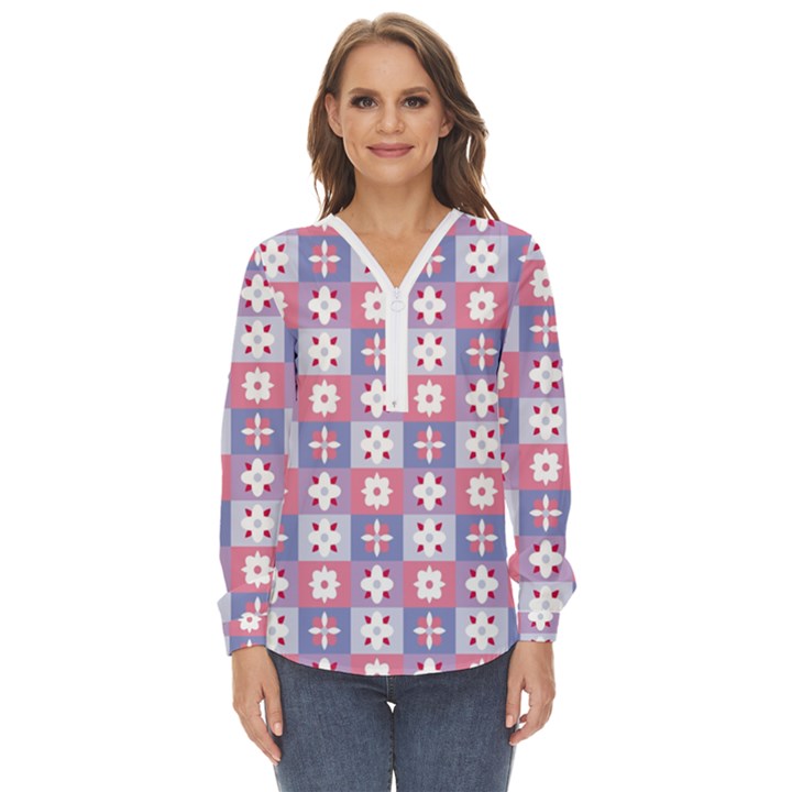 Flower Art Pattern Geometric Zip Up Long Sleeve Blouse