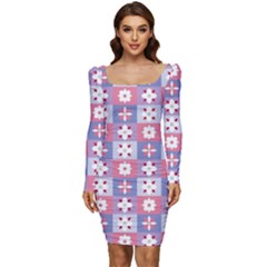 Flower Art Pattern Geometric Women Long Sleeve Ruched Stretch Jersey Dress