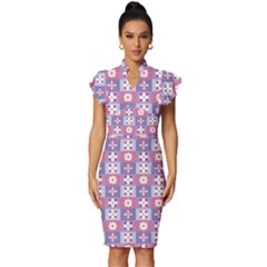 Flower Art Pattern Geometric Vintage Frill Sleeve V-neck Bodycon Dress by Maspions