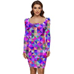 Floor Colorful Triangle Women Long Sleeve Ruched Stretch Jersey Dress by Maspions