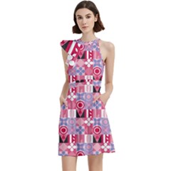 Scandinavian Abstract Pattern Cocktail Party Halter Sleeveless Dress With Pockets