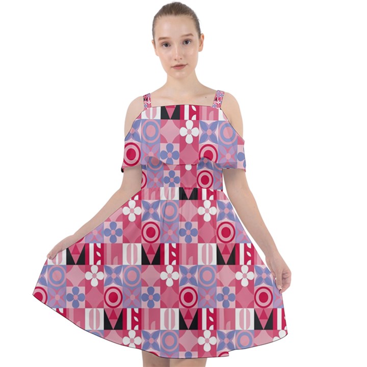 Scandinavian Abstract Pattern Cut Out Shoulders Chiffon Dress