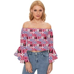 Scandinavian Abstract Pattern Off Shoulder Flutter Bell Sleeve Top