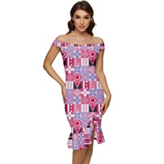 Scandinavian Abstract Pattern Off Shoulder Ruffle Split Hem Bodycon Dress