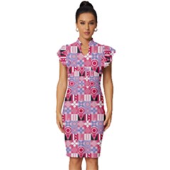 Scandinavian Abstract Pattern Vintage Frill Sleeve V-neck Bodycon Dress