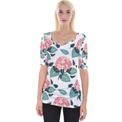 Flowers Hydrangeas Wide Neckline T-shirt