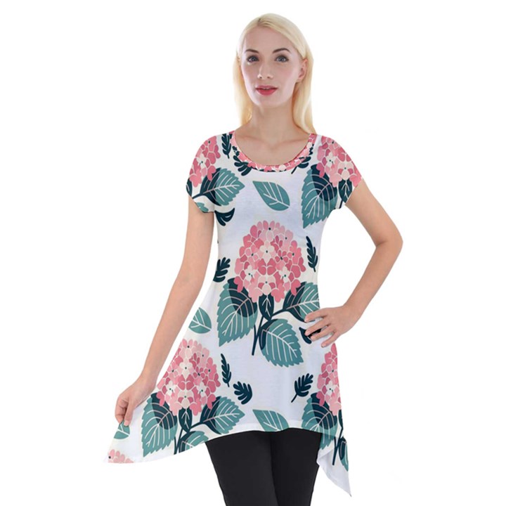 Flowers Hydrangeas Short Sleeve Side Drop Tunic