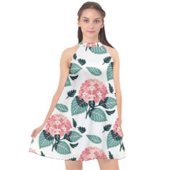 Flowers Hydrangeas Halter Neckline Chiffon Dress 