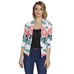 Flowers Hydrangeas Women s Draped Front 3/4 Sleeve Shawl Collar Jacket by Maspions