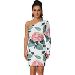 Flowers Hydrangeas Long Sleeve One Shoulder Mini Dress by Maspions