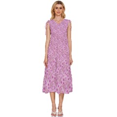 Illustration Pattern Seamless V-neck Drawstring Shoulder Sleeveless Maxi Dress