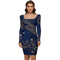 Starsstar Glitter Women Long Sleeve Ruched Stretch Jersey Dress