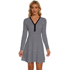 Abstract Diagonal Stripe Pattern Seamless Long Sleeve Deep V Mini Dress  by Maspions