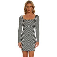 Abstract Diagonal Stripe Pattern Seamless Long Sleeve Square Neck Bodycon Velvet Dress