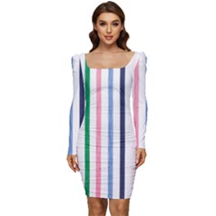 Stripes Pattern Abstract Retro Vintage Women Long Sleeve Ruched Stretch Jersey Dress by Maspions