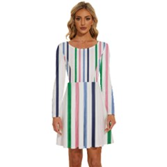 Stripes Pattern Abstract Retro Vintage Long Sleeve Wide Neck Velvet Dress