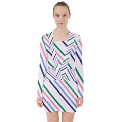 Retro Vintage Stripe Pattern Abstract V-neck Bodycon Long Sleeve Dress by Maspions