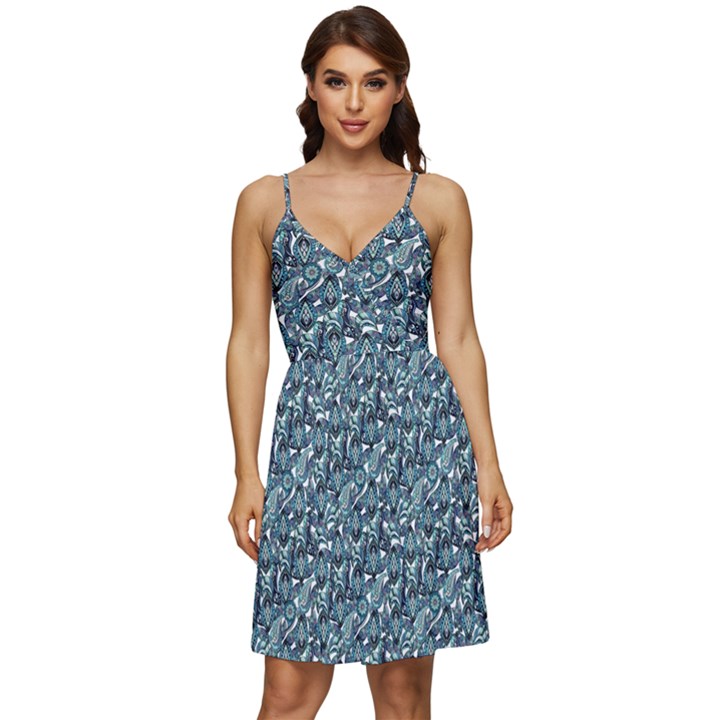 Blue Paisley V-Neck Pocket Summer Dress 