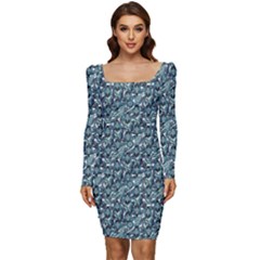 Blue Paisley Women Long Sleeve Ruched Stretch Jersey Dress