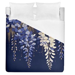 Solid Color Background With Royal Blue, Gold Flecked , And White Wisteria Hanging From The Top Duvet Cover (queen Size) by LyssasMindArtDecor