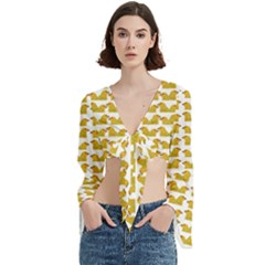 Little Bird Motif Pattern Wb Trumpet Sleeve Cropped Top