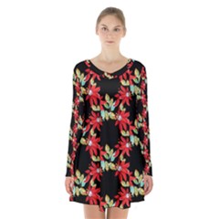 Floral Geometry Long Sleeve Velvet V-neck Dress