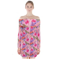 Pink Glowing Flowers Long Sleeve Off Shoulder Dress by Sparkle