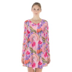 Pink Glowing Flowers Long Sleeve Velvet V-neck Dress