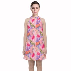 Pink Glowing Flowers Velvet Halter Neckline Dress 