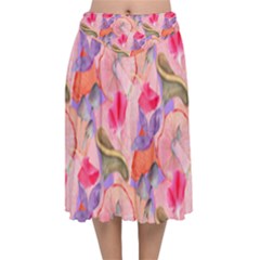 Pink Glowing Flowers Velvet Flared Midi Skirt